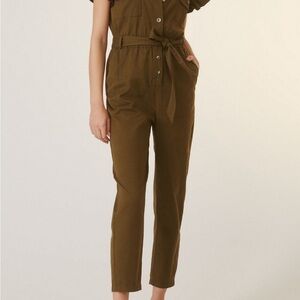 Anthropologie Brown Jumpsuit with Cinched Waist and Tapered Legs